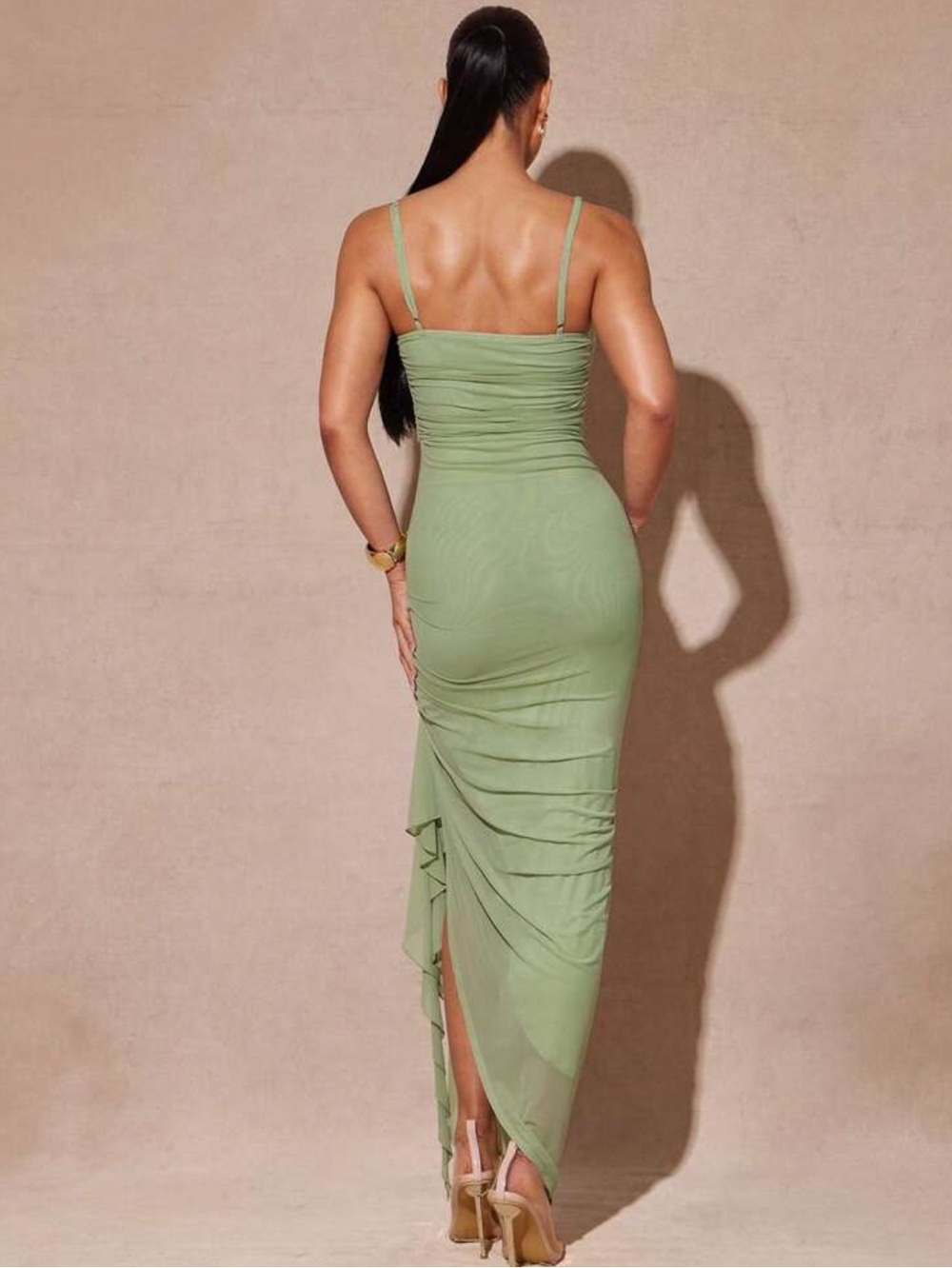 Mint Green Ruched Sheath Dress with Side Ruffle - Picture 3 of 7